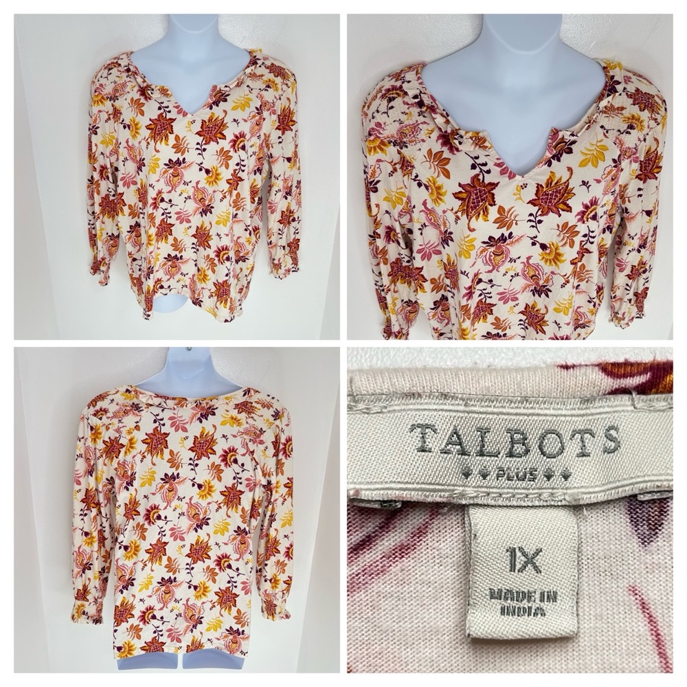 Talbots Plus Floral‎ Smocked Blouse Size 1X V-Neck Boho Feminine Office Career